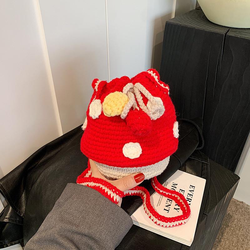 Mushroom Delightful Pattern Knitted Drawstring Bag For Children Unisex And Design Playful