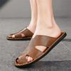 Men Slippers Handmade Simple Flats Brown Leather Sandals Outdoor Summer Roman Sandals Closed Toe Beach Shoes Plus Size