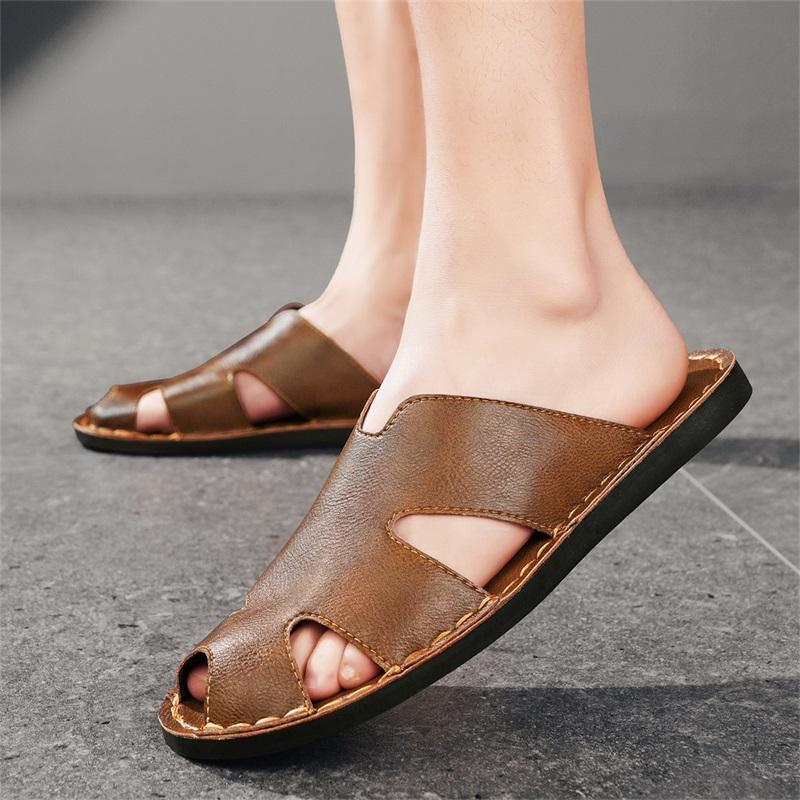 Men Slippers Handmade Simple Flats Brown Leather Sandals Outdoor Summer Roman Sandals Closed Toe Beach Shoes Plus Size
