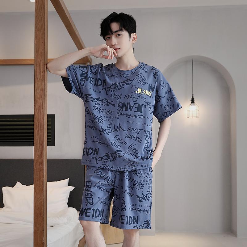 Men's Pajamas Set Letter Print Short-Sleeve Tops and Shorts Sleepwear Loungewear Students Two-Piece Youth Boy Nightwear Y2k Homewear Male