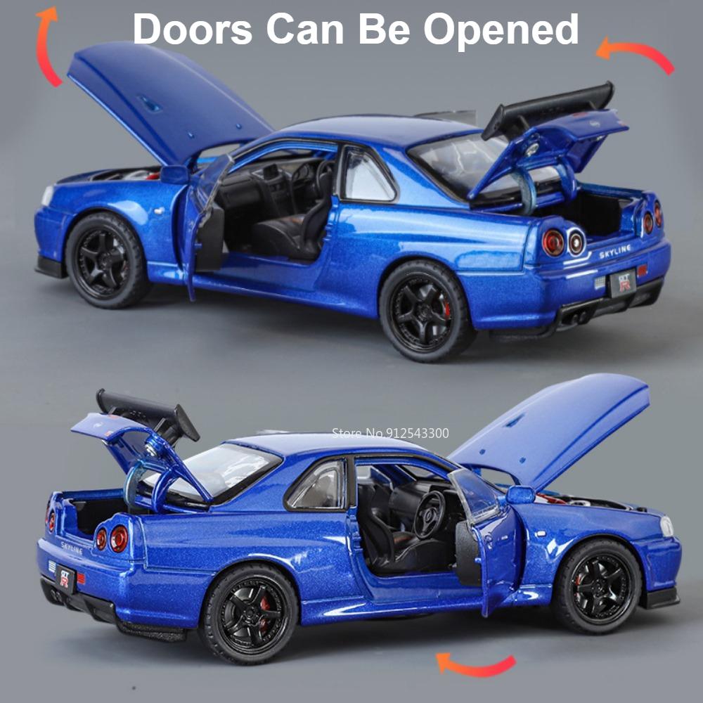 1:32 Scale SKYLINE GTR R34 Sports Car Model Toy Metal Diecast Pull Back Light Music 4 Doors Opened Vehicles Ornaments Gifts