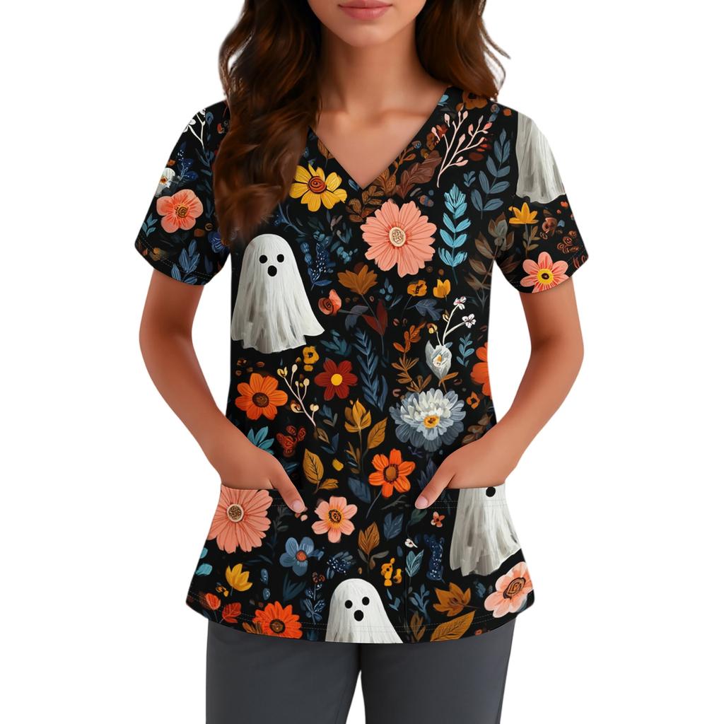 Women V Neck Short Sleeve Work Shirt with Pocket Halloween Printed Top for Nurse Healthcare Uniform Scrub Top