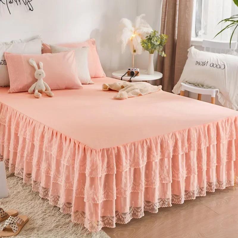 

Three Layer Gauze Lace Bed Cover Seasonal Universal Bedding Bedspread Ruffled Edge Dustproof Anti Slip Bedspread Bed Skirt 48X74Pillowcase 2pcs