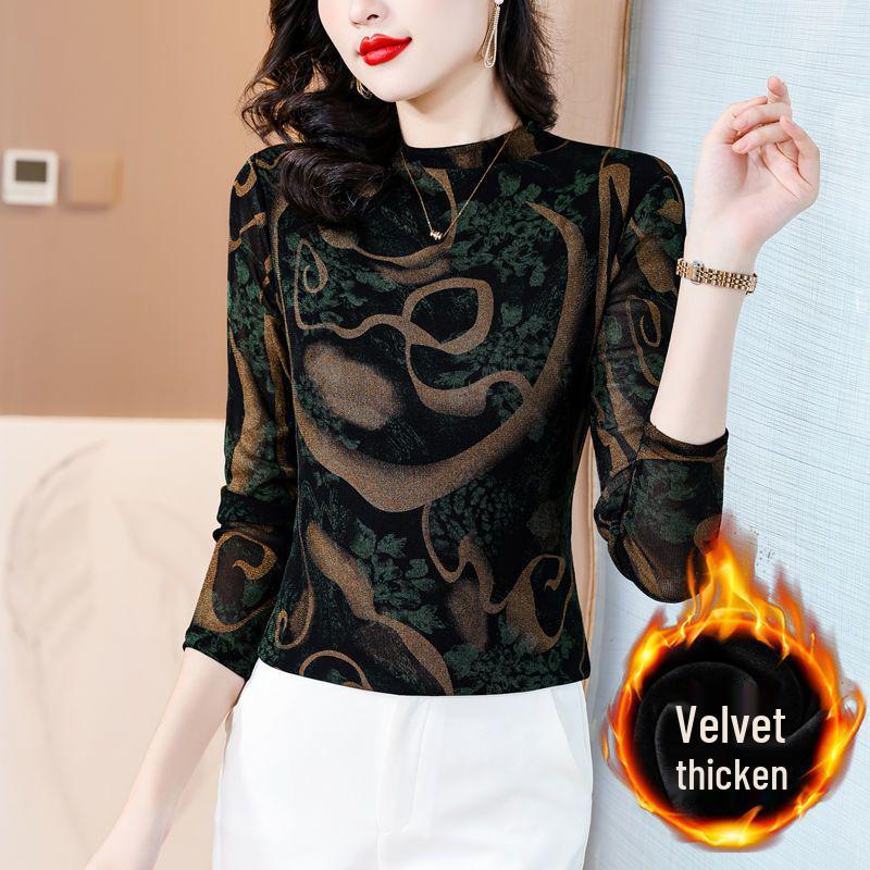 Southeast Asia 2024 Autumn/Winter Slimming Fleece-Lined Printed Women's Top with Semi-High Collar
