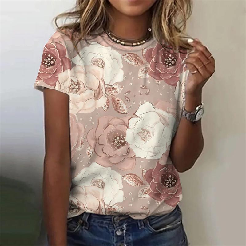 Summer Round Neck Floral Print Top  Fashionable Casual Short Sleeved Women's T-shirts
