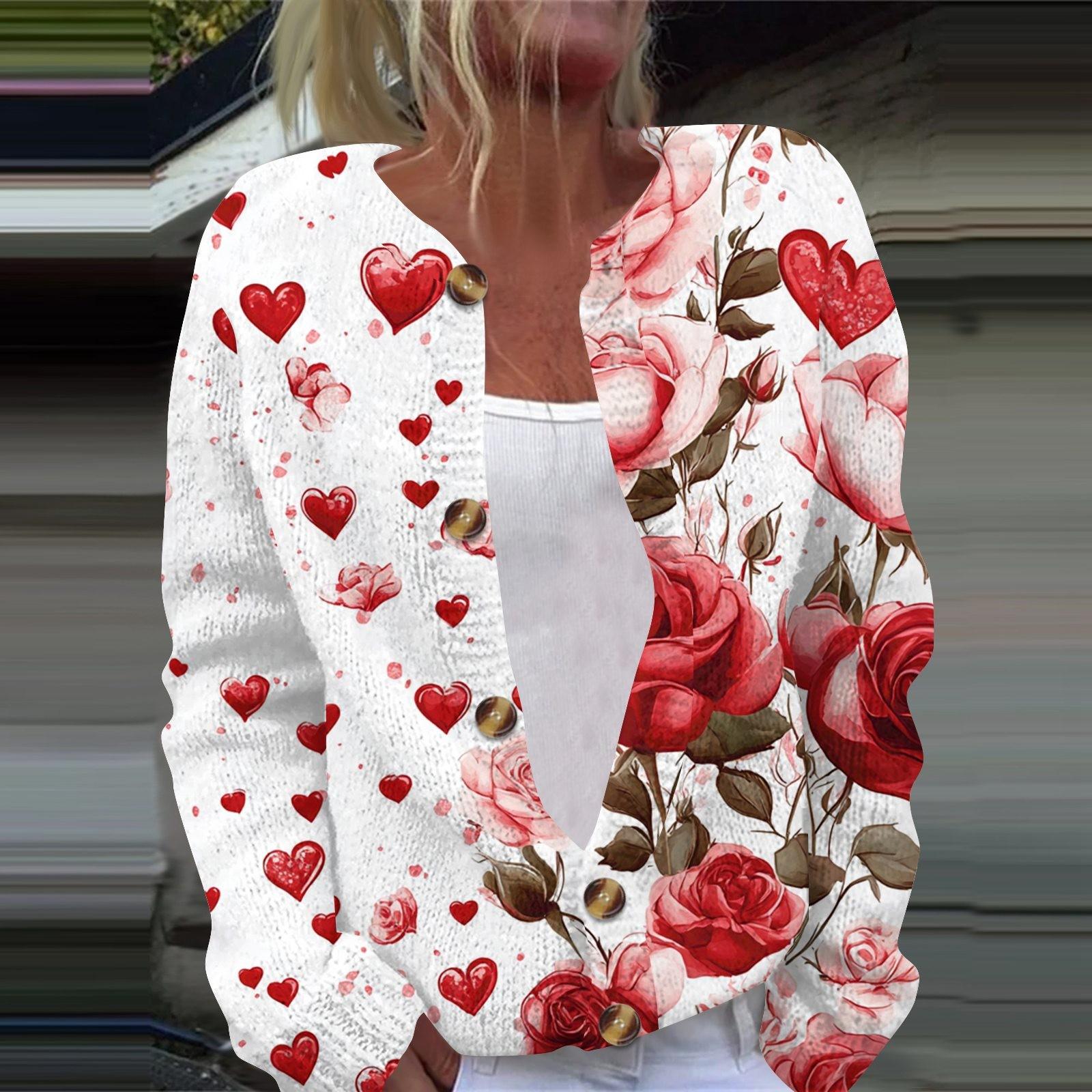 

Женская мода День святого Валентина Сердце Принт Длинный рукав Вязаный кардиган Куртка на пуговицах XL белый