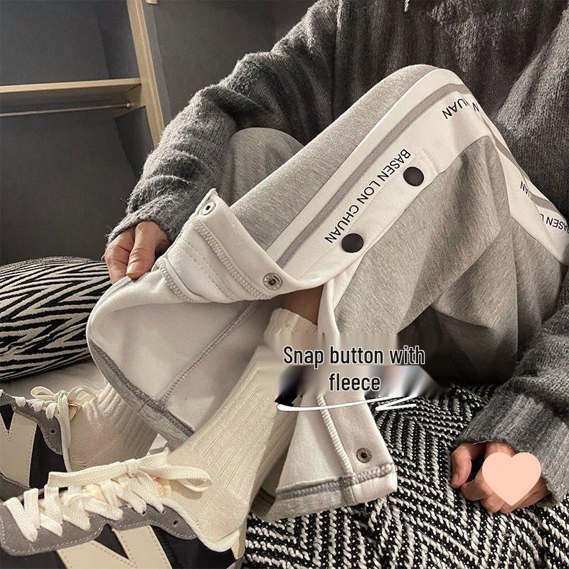 Men's Winter Fleece-Lined Wide-Leg Side Button Straight-Leg Sweatpants