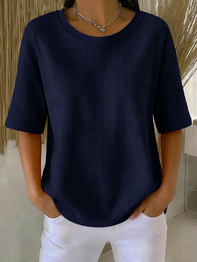 2026 Summer New Fashion: Simple Solid Color Waffle Knit Round Neck Short Sleeve Top