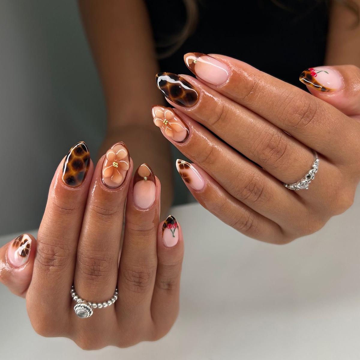 Leopard Print 3D Flower Rhinestone Nail Art Stickers - Almond Shape, Autumn/Winter Palette, French Style, Wearable