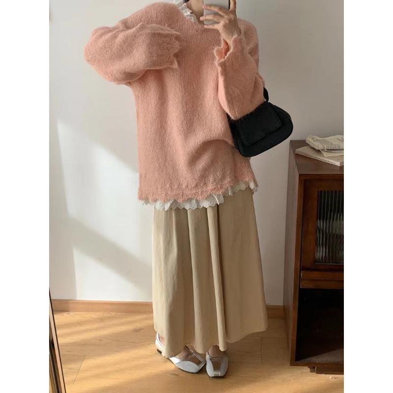 Spring new lace splicing knitted sweater top loose soft waxy lazy wind sweet sweater pullover woman