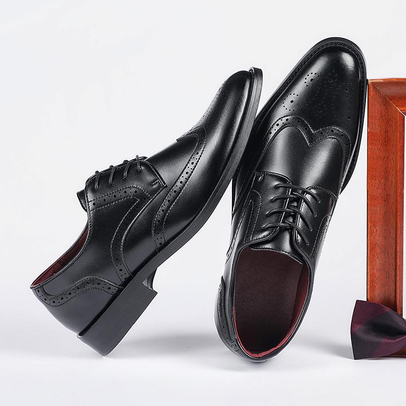 New Men's English Style Hidden Heel Derby Brogue Leather Shoes - Pointed Toe Lace-Up Design for Formal and Casual Wear
