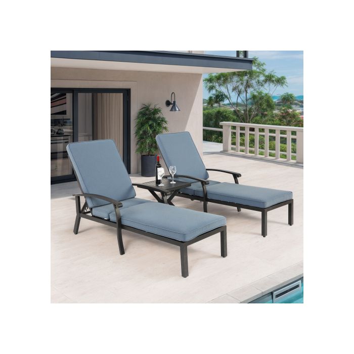Garten-Liegestuhl mit Baumwollkissen, verstellbarer Pool-Liegestuhl aus rostfreiem Aluminium, blau (1 Stück)