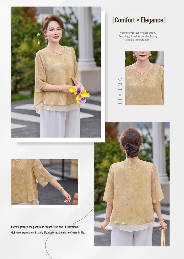 Chiffon Blouse & T-shirt Set for Middle-aged Women - Stylish Summer Short Sleeve Top (2026)