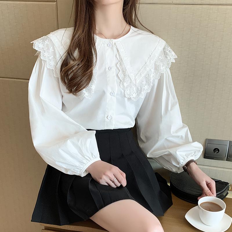 Korean Style Doll Collar Lace Trim Long Sleeve Shirt for Spring & Autumn