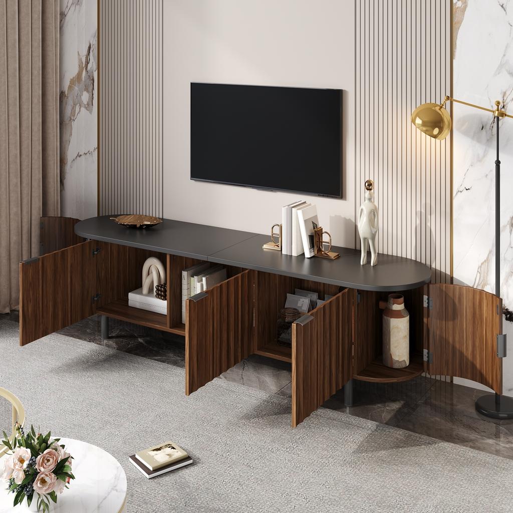 TV-Lowboard aus MDF mit 5 Türen, geriffelte Front, abgerundete Seiten, Eisenfüße und Eisenhenkel