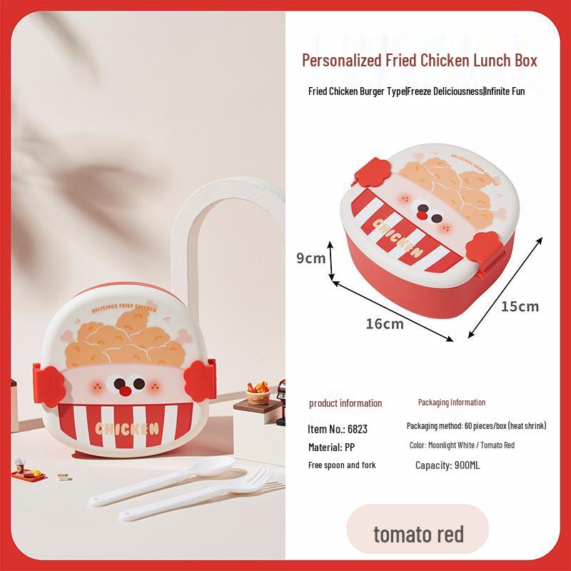 Leak-Proof Cartoon Bento Box with Creative French Fries, Fried Chicken, and Rice – Microwaveable Lunch Box for Students and Office Workers