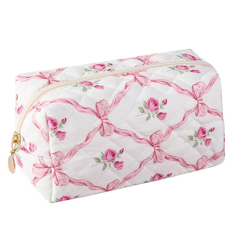 Módny štvorcový dámsky clutch taštička na make-up prenosná roztomilá dámska kozmetická toaletná taštička kabelka so zipsom s potlačou mašle