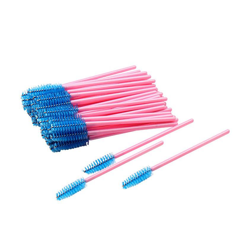 50-Pack Disposable Eyelash Brushes - Portable Pink-Handled Makeup Tool for Eyebrow and Eyelash Application.
