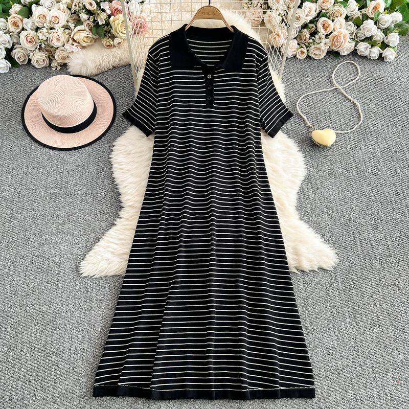 

2025 New Korean Series Stripe Lapel Short sleeve Knitted dress Women Lazy Casual Loose Hide Meat Slimming Long dress Black and white stripes One size