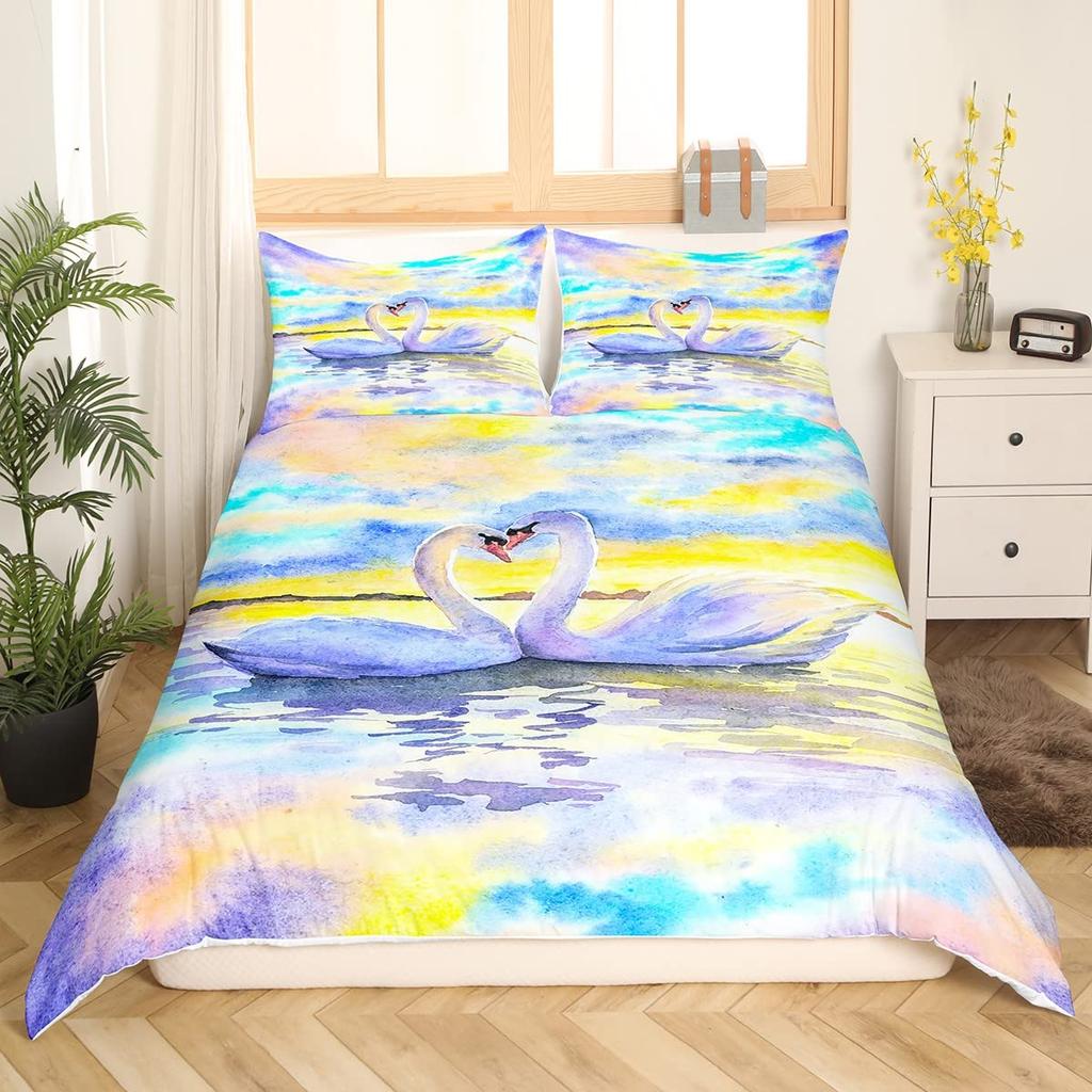 Swan Duvet Cover King Queen Beautiful Elegant White Animal Bedding Set Kid Teens Adults Wildlife Lake Soft Quilt Cover