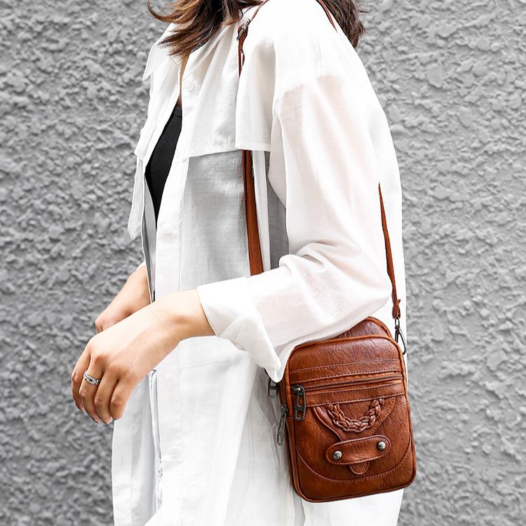 Skulderveske crossbody, mobiltelefonveske, mykt skinn, westernstil, moden mote, retro liten veske