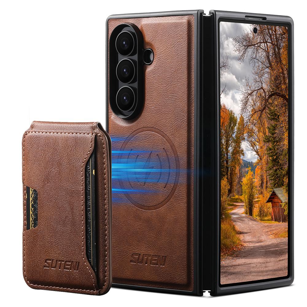SUTENI M3 For Samsung Galaxy Z Fold7 5G Magnetic Case Cowhide Texture Leather Back Cover with Card Bag Kickstand