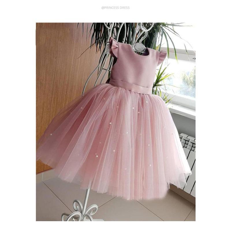 Girl Flower Birthday Tulle Dress Bow Wedding Kids Party Wear Princess Blue Dress Baby Bowknot Dresses