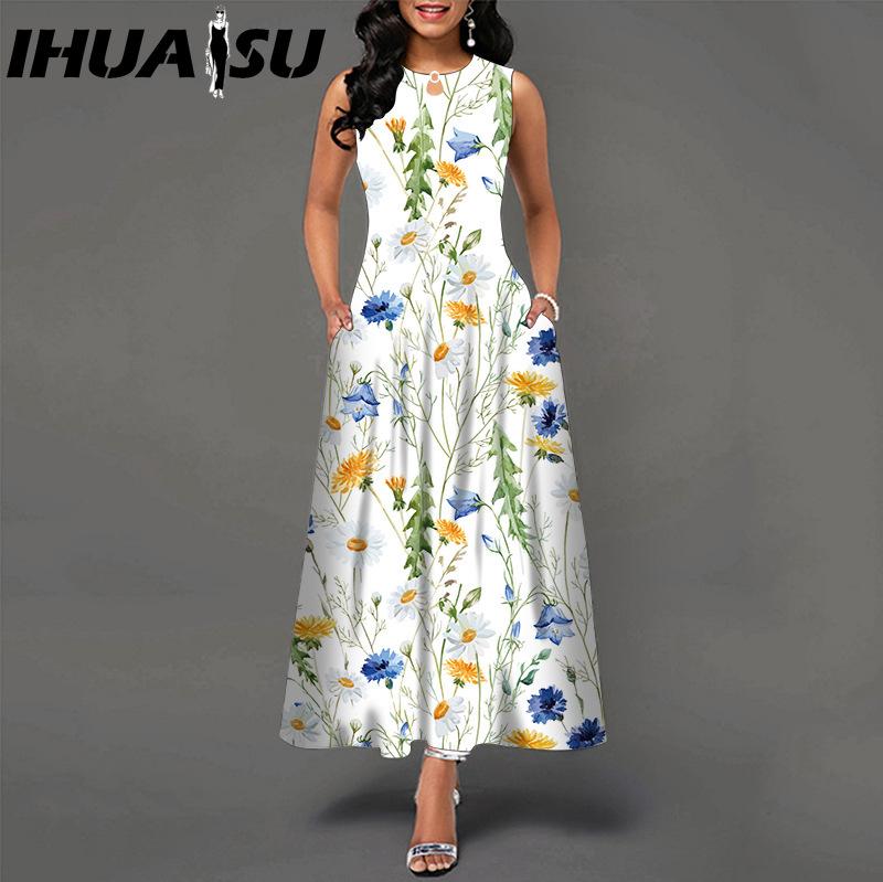 IHUASU 48 Farben Neues Damen Lockeres Vintage Blumenmuster Rüschenkleid Befree Kleid Großes Sommerparty Tanktops Elegante Maxikleider