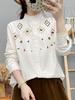 Korean Elegant Embroidered Lace Collar Flannel Shirt for Women - Warm Autumn/Winter Base Layer