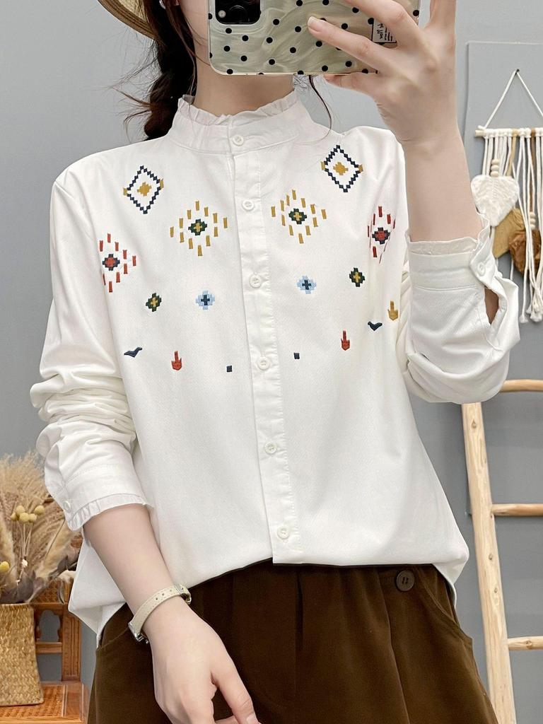 Korean Elegant Embroidered Lace Collar Flannel Shirt for Women - Warm Autumn/Winter Base Layer