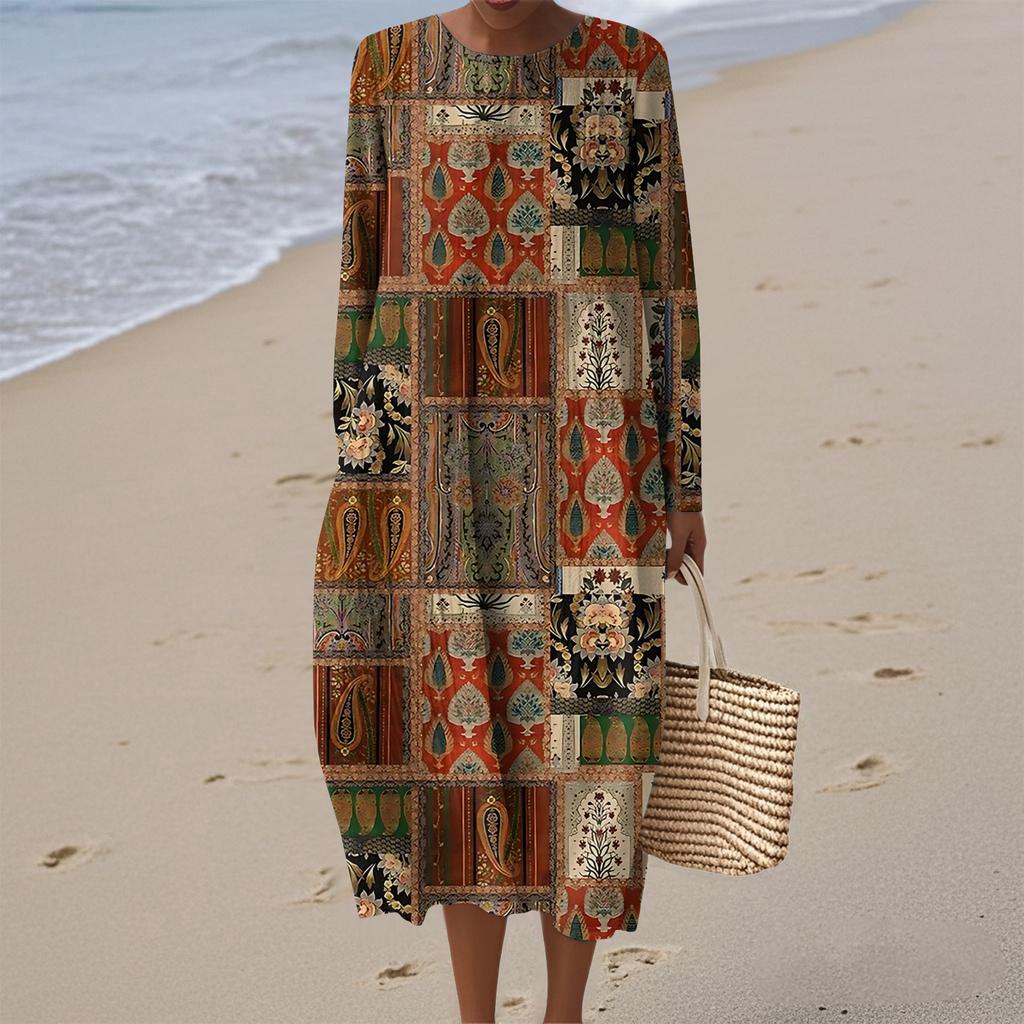 Women's Fashionable Casual Long-Sleeved Round Neck Retro Geometric Print Elegant Dress