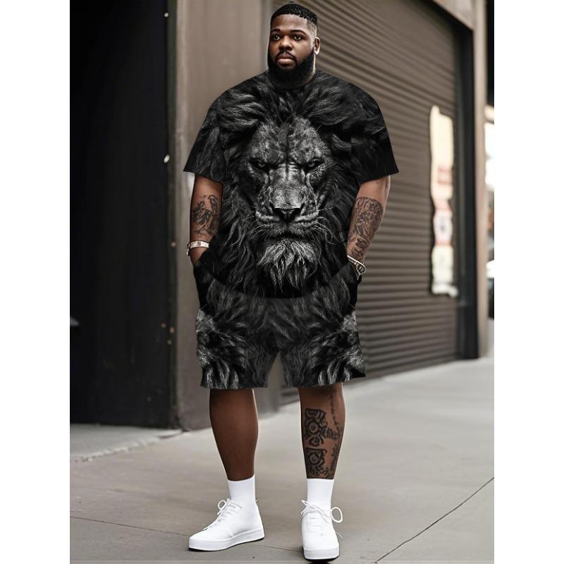 Мужской модный комплект из футболки с круглым вырезом и принтом в виде доминирующего льва большого размера + шорты S