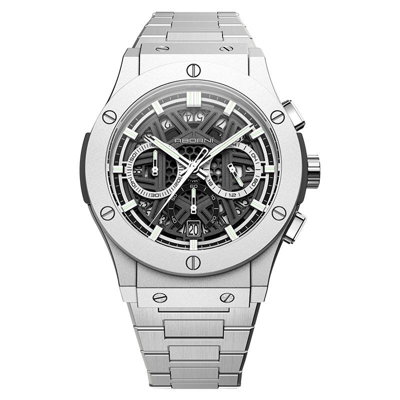 

ABORNI Men Quartz Watches Stainless Steel Waterproof Luminous Pointers Luxury Wristwatches Men Sports Chronograph Clock Men чёрный/серебряный