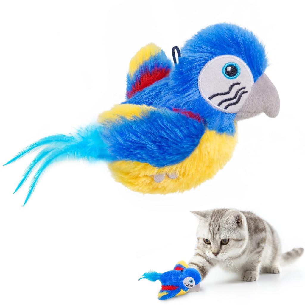Pawplusee Cat Toy, Flapping Bird Toy with Sound, USB Rechargeable, Cat Teaser with Catnip, Solitaire Play, Interactive Electric Cat Toy, Blue