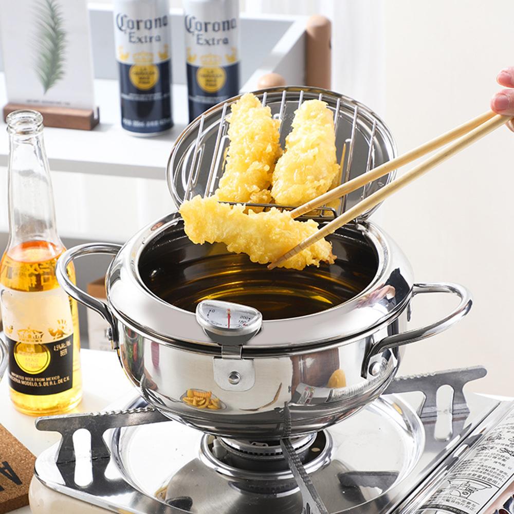 Deep Frying Pot 2.2L 2 Handles 304 Stainless Steel Kitchenware With Thermometer and Lid Tempura Fryer Pan Cooking Tool