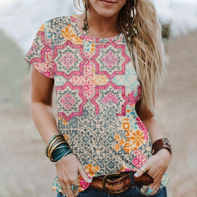 Summer Digital Print Pullover Short Sleeved Flower Loose Round Neck Women's T-shirt