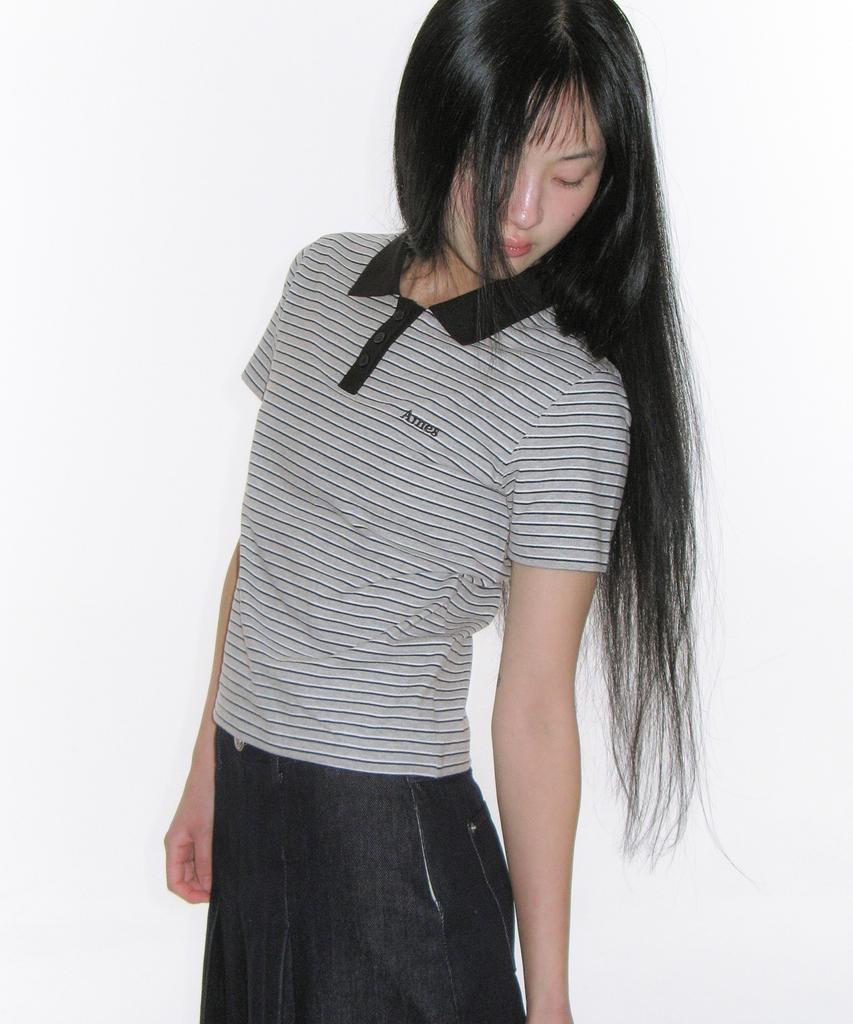 AMES-WORLDWIDE Basic Stripe Collar Tee Gray