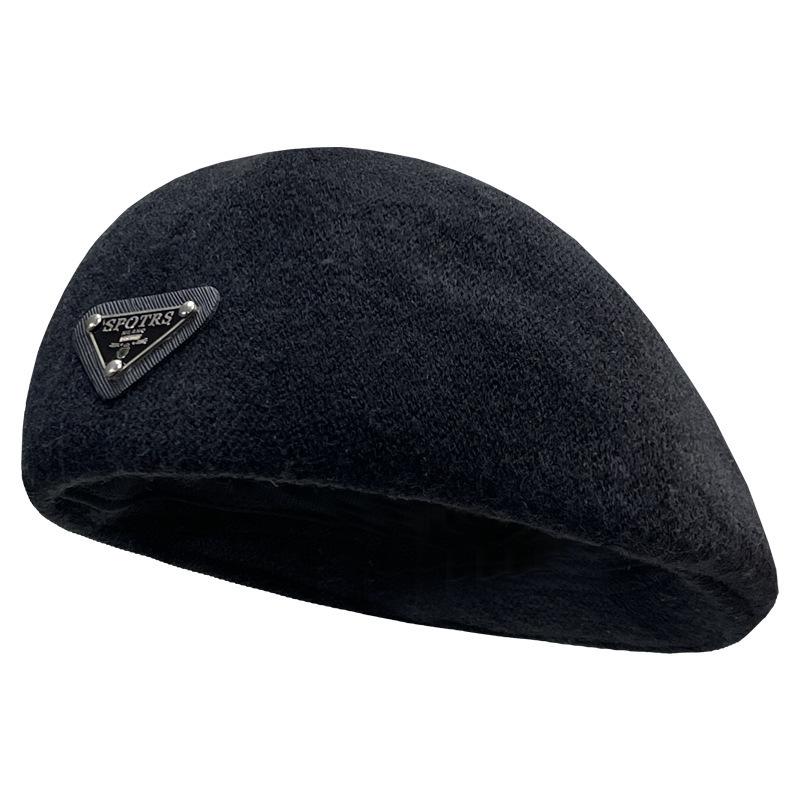 Triangle Mark Reverse Wearing Beret Women's Autumn and Winter Black Big Head Circumference Forward Hat British Face Small Painter Hat