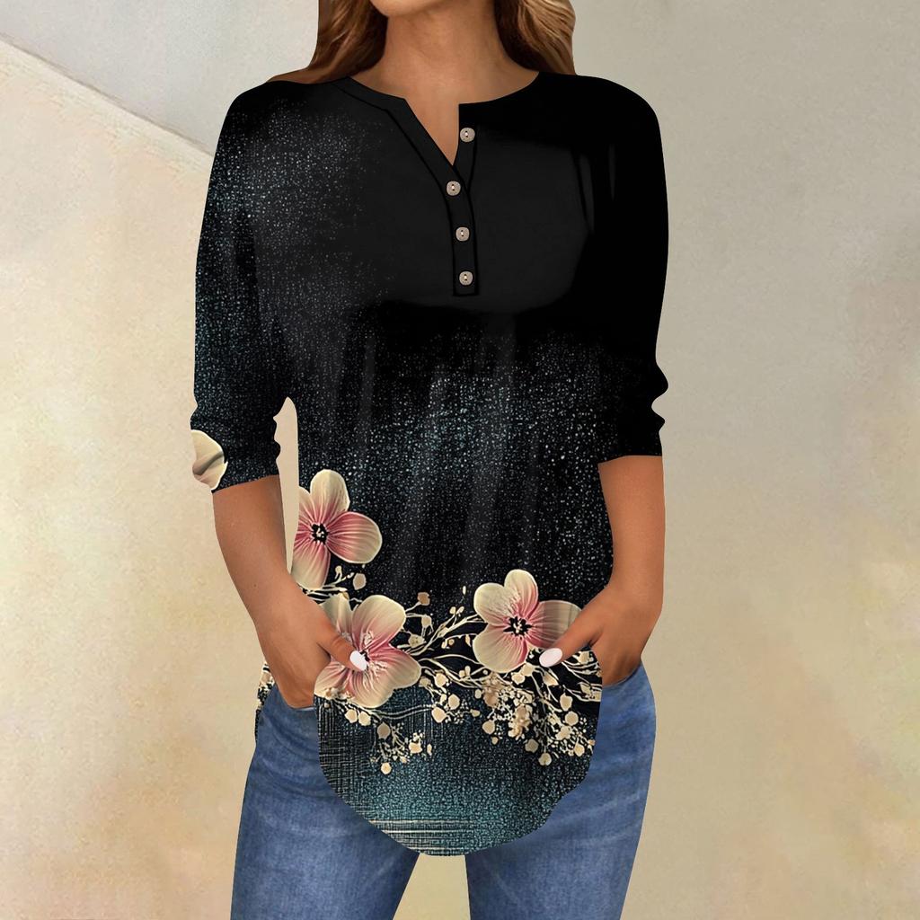 Damska Moda Luźny Kołnierzyk na Guziki Nadruk Rękaw 3/43/4 T-Shirt Top Pulower