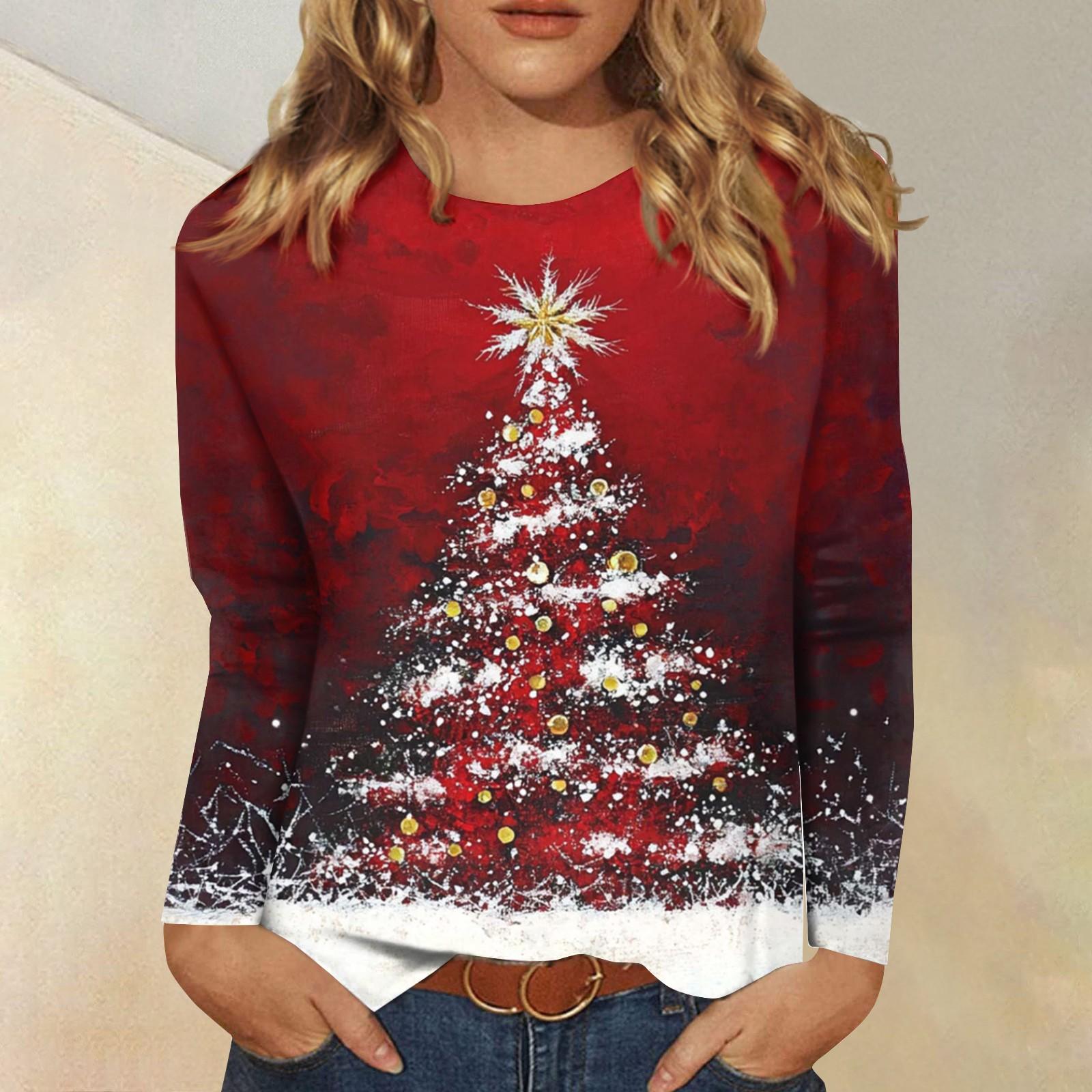

Женская модная повседневная футболка с длинным рукавом и рождественским принтом, с круглым вырезом XXXXL
