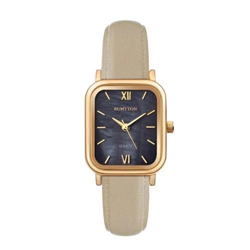 [RUMTTON] RUMTTON Harbor Black Mother-of-pearl Beige Band Leather Watch Gold __