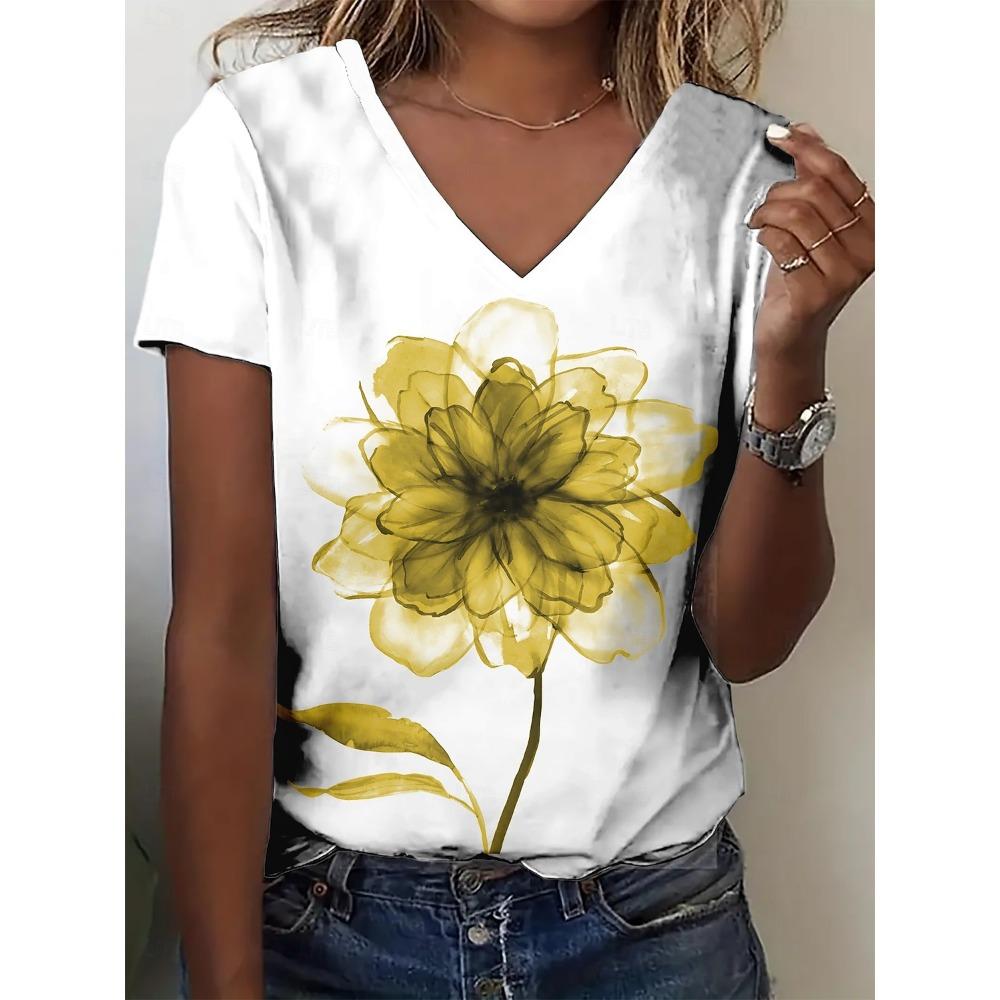 Women's T Shirt Summer Tops Print Floral Graphic Classic Casual Short Sleeve V Neck Crop Tops Daily