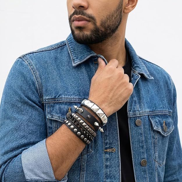 Bracelet for Man Punk Rock Studded Bracelets Black Leather Cuff Bracelet for Men Women