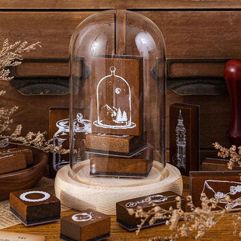 7pcs Wooden Seal Set Clear Carved Three-dimensional Pattern Calligraphy Painting Art DIY Handbook Decoration Personalized Gifts