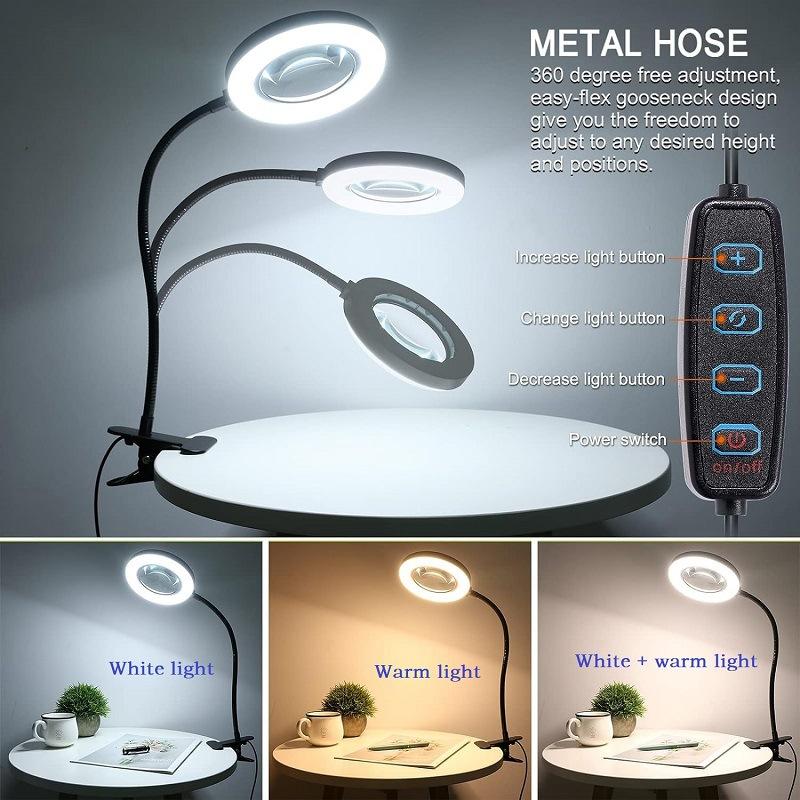 LED Magnifying Lamp with Clip, 10x Magnification, 3 Color Modes, Adjustable Brightness, Flexible for Reading, Painting, Crafting