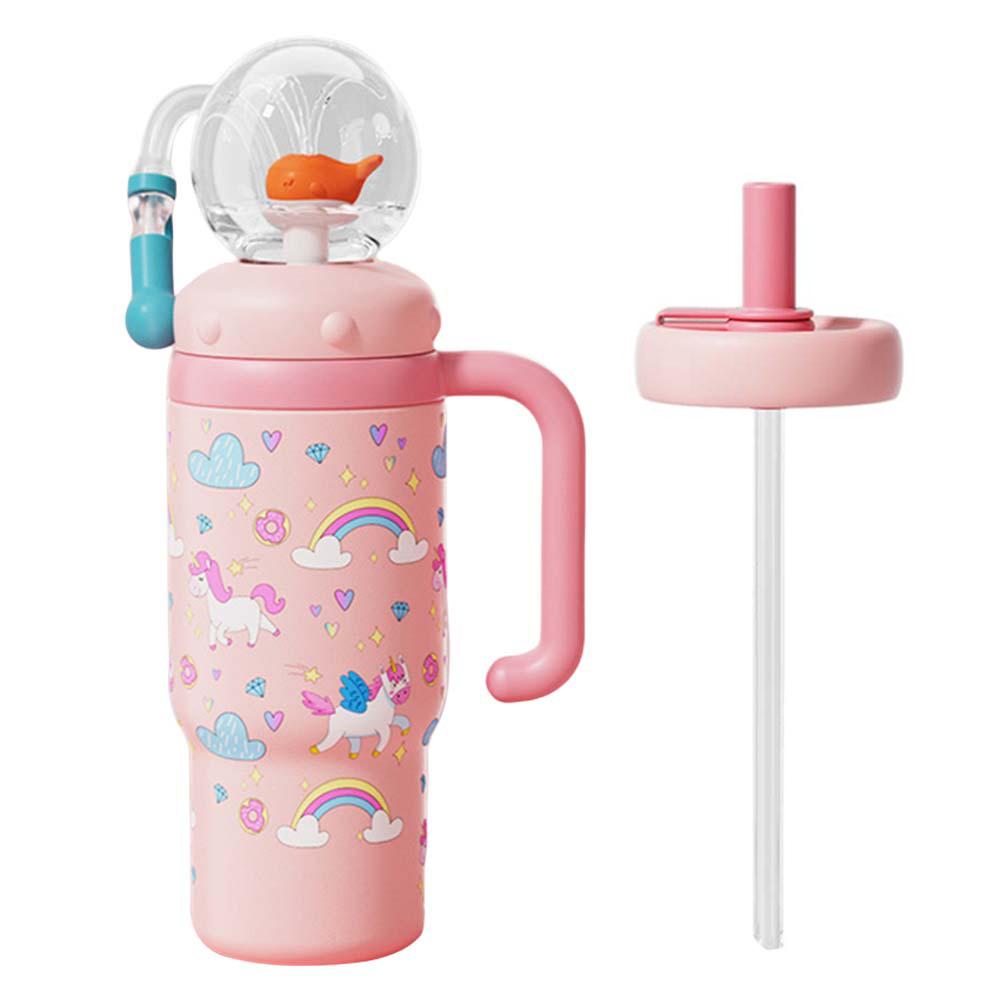 24oz Whale Fountain Cup Children Baby Cute Straw Cup With Stainless Steel Tumbler Cup With Handle 710ml Water Cup With 2 Cup Lid