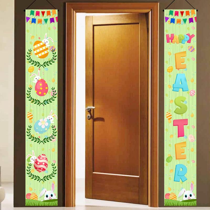 Happy Easter Porch Sign Banner Indoor Door Banner Easter Bunny Eggs Front Door Banner Easter Bunny Decoration For Indoor And