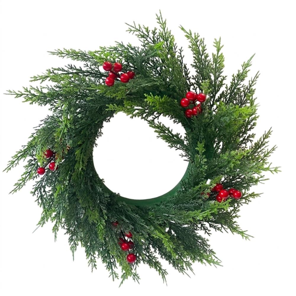 Snowy Christmas Pine Wreath Red Berries Plastic Frosted Pine Berry Wreath Evergreen Round Pine Needles Door Wreath