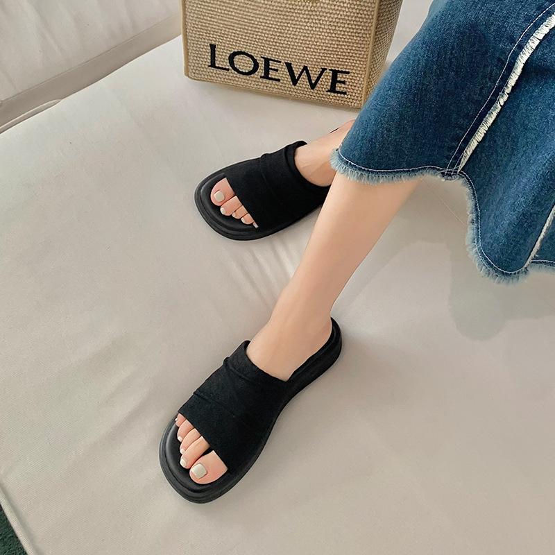 

Sheepskin version~ linen pleated one-word thick-soled slippers women s summer vacation beach wear casual cool slippers 40
