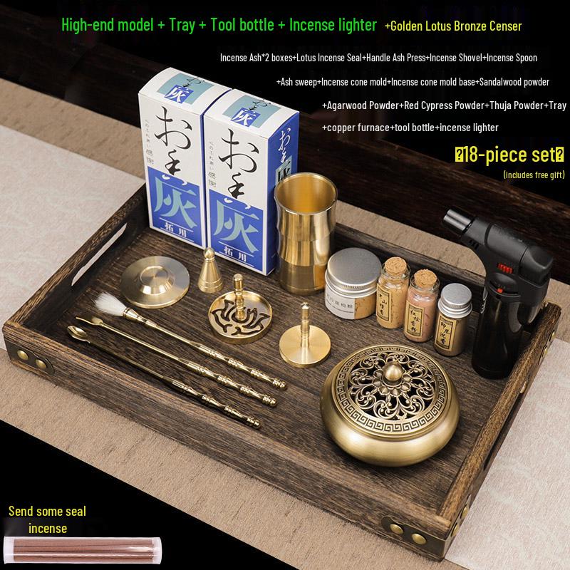 Kodo Set: Brass Ash Press Incense Burner & Pure Incense Powder with Dazuan Seal Mold for Home Use
